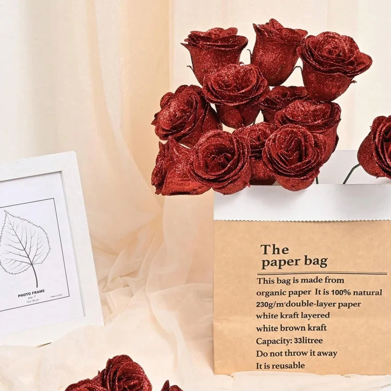 3/5Pcs Glitter Rose Artificial Flowers Bouquet Christmas Valentine's Day